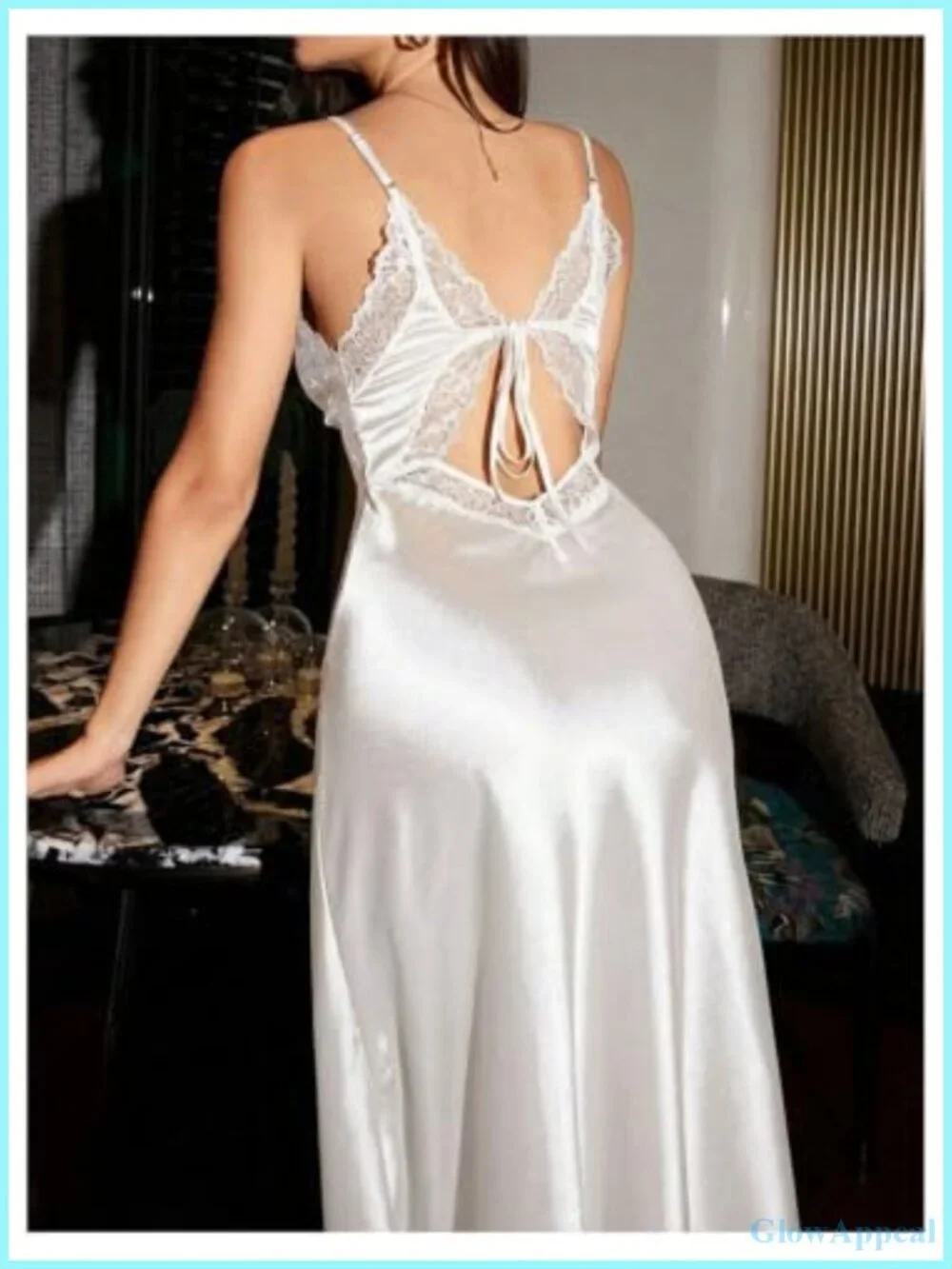 Satin Nightgown with Lace V-Neck Tie Back Bridal Chemise Long Sleep Dress